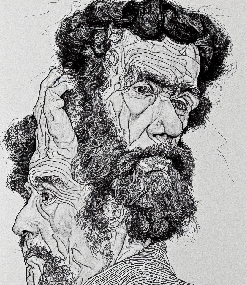 Image similar to detailed line art portrait of leo tolstoy, inspired by egon schiele. caricatural, minimalist, bold contour lines, musicality, soft twirls curls and curves, confident personality, raw emotion