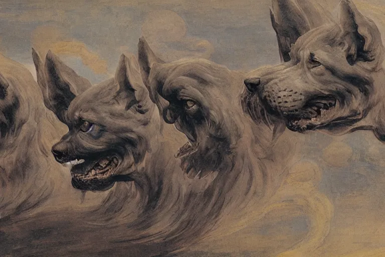 Image similar to hyperdetailed matte art of a three headed dog cerberus by william blake, ilya repin, amano, rene magritte, craig mullins, three headed dog cerberus, details