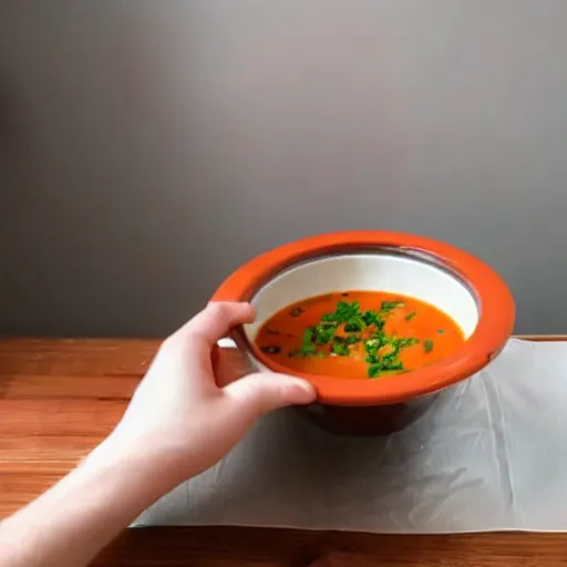 Image similar to a photo of a person being unable to eat soup properly spilling it in the process.
