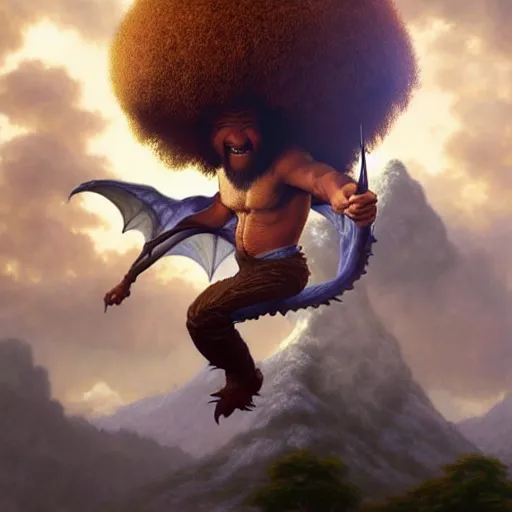 Image similar to bob ross!!! riding!!! a dragon!!, giant afro!, model pose, ultra realistic, concept art, intricate details, highly detailed, photorealistic, octane render, 8 k, unreal engine. art by artgerm and greg rutkowski and alphonse mucha