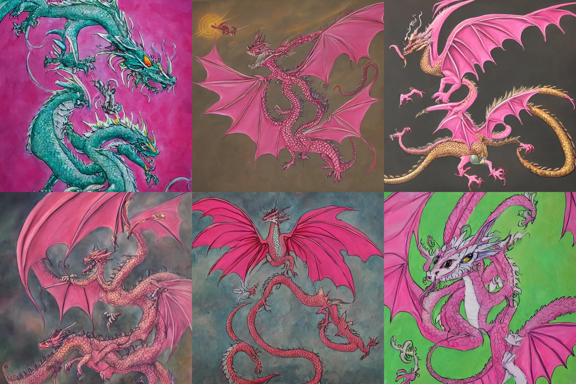 Prompt: a very detailed painting of cute dragon with pink wings and long tail, 35 mm