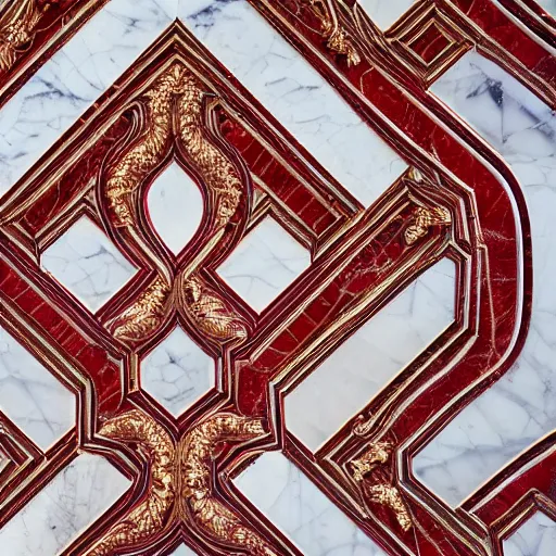 Prompt: an ornate pattern is defined by the reflection of red light on a white marble floor