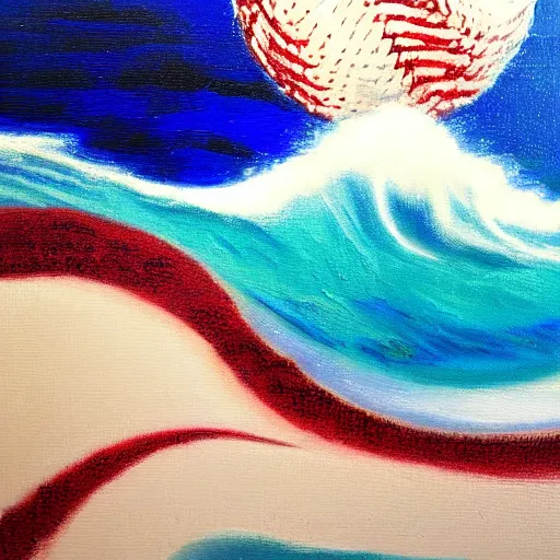 Prompt: beautiful ocean wave, composed of red and white baseballs, oil on canvas, dreamlike