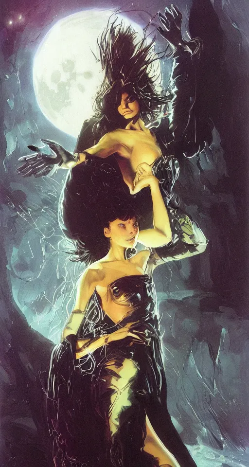 Prompt: portrait of a cyberpunk young witch in a black robe sitting on the ground next to a fire, full moon in the sky overhead, detailed face, highly detailed, by frank frazetta and boris vallejo
