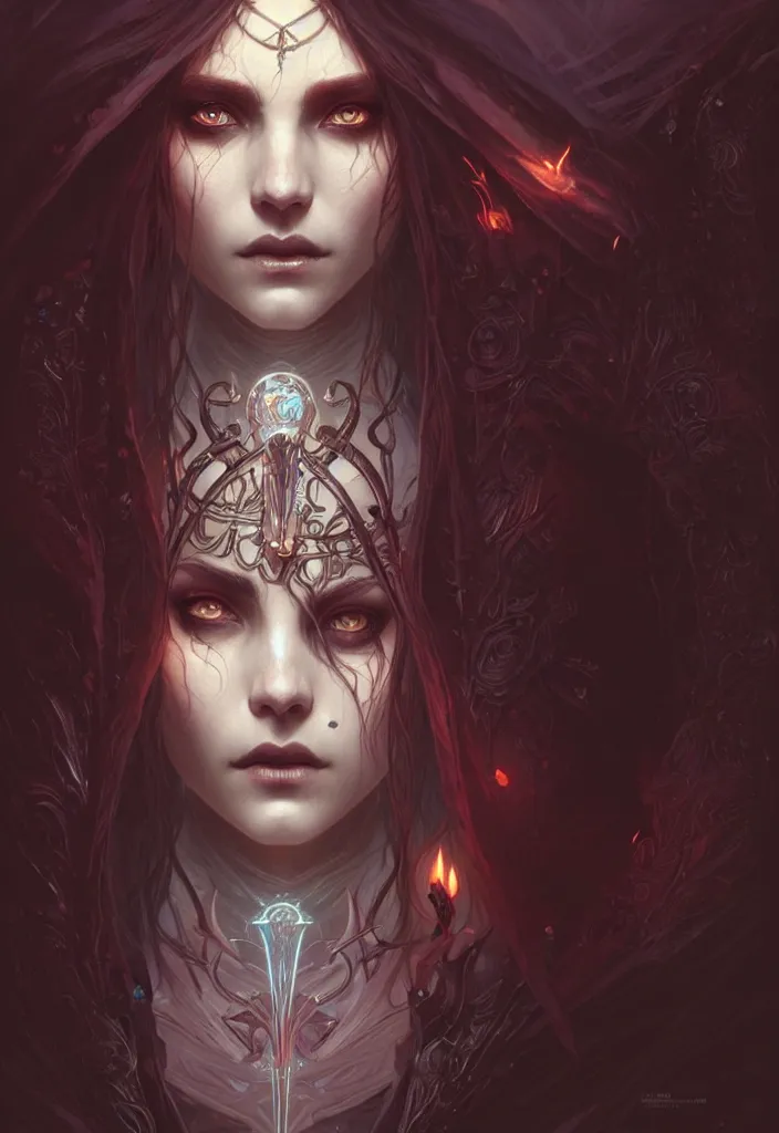 Image similar to Necromancer Sorceress face in center, fantasy magic, undercut hairstyle, dark light night, intricate, elegant, sharp focus, illustration, highly detailed, digital painting, concept art, matte, art by WLOP and Artgerm and Greg Rutkowski and Alphonse Mucha, masterpiece