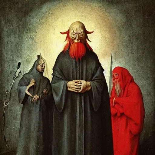 Prompt: portrait of an old frail ominous wise wizard man wearing an ancient robe, surrounded by frail red demons art by hieronymus bosch