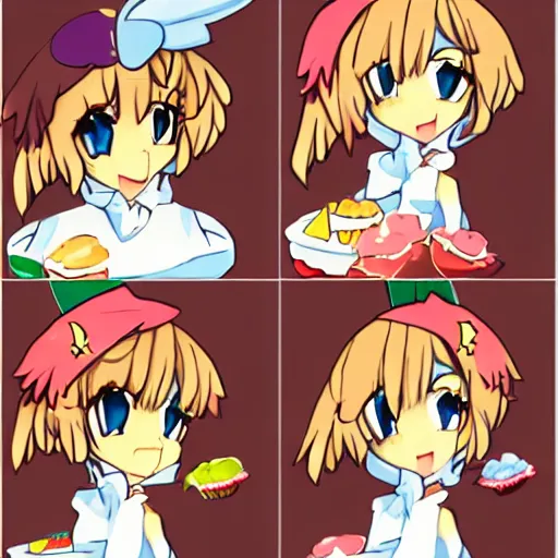 Image similar to flandre eating cupcakes. anime style.