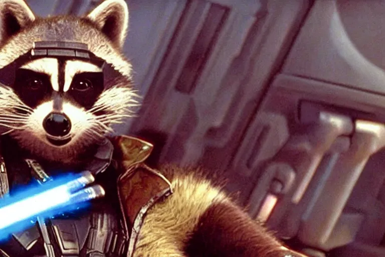 Image similar to marvel rocket racoon wearing a cyberpunk suit, in a still of the movie star wars episode one the phantom menace ( 1 9 9 9 )