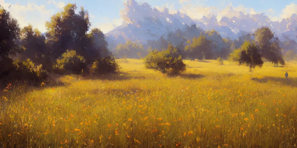 Prompt: a bright oil painting of a beautiful meadow; masterpiece; extremely-detailed; by Craig Mullins