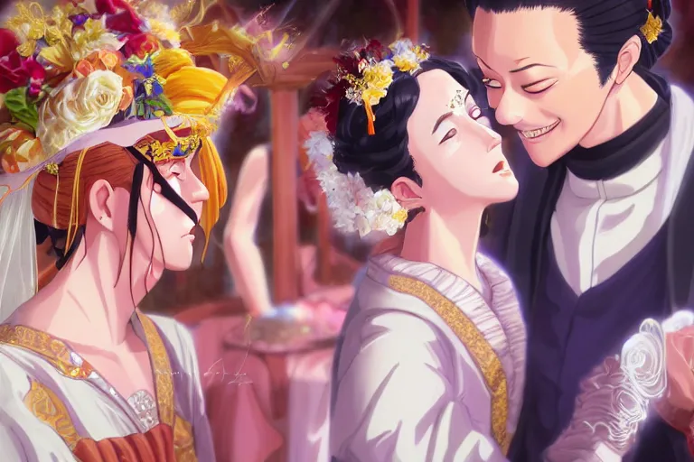 Image similar to a cinematic portrait of wedding photograph jpeg close up moment of a divine a japan sun god and moon goddess lovers magician at a wedding banquet. portraiture. digital painting. artstation. concept art. wedding photo. digital painting. naruto the movie art masterpiece by art by krenz cushart