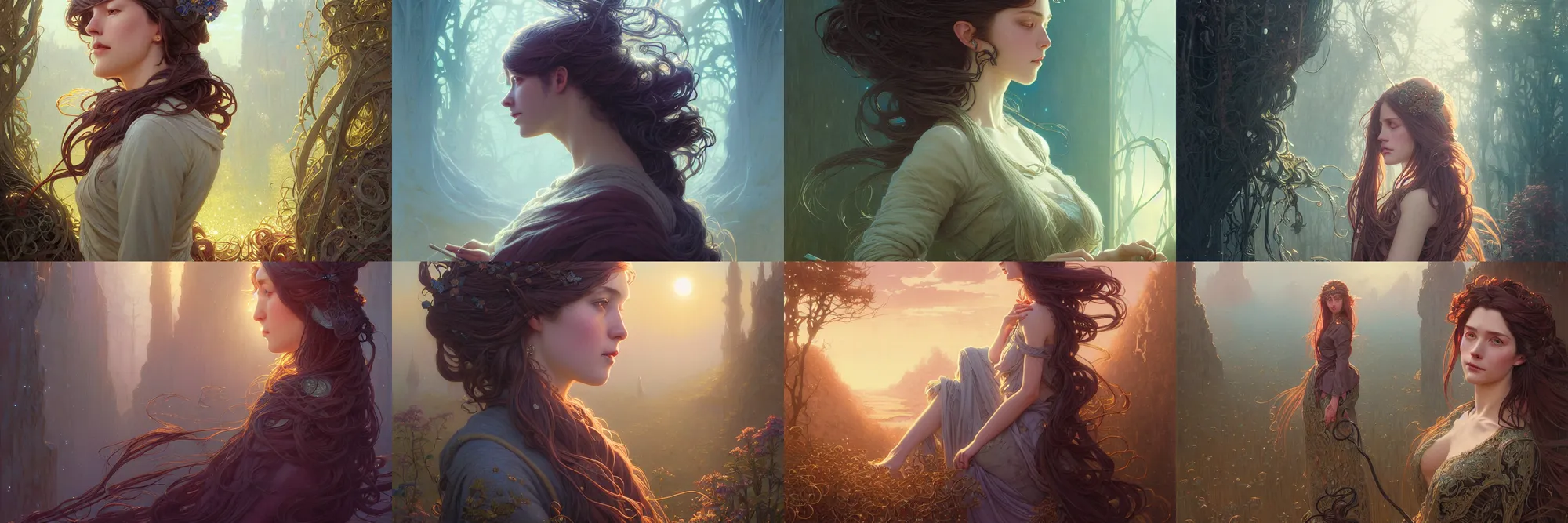 Image similar to highly detailed portrait of a woman with long hairs, stephen bliss, unreal engine, fantasy art by greg rutkowski, art nouveau, loish, rhads, ferdinand knab, makoto shinkai and lois van baarle, ilya kuvshinov, rossdraws, tom bagshaw, alphonse mucha, global illumination, radiant light, detailed and intricate environment