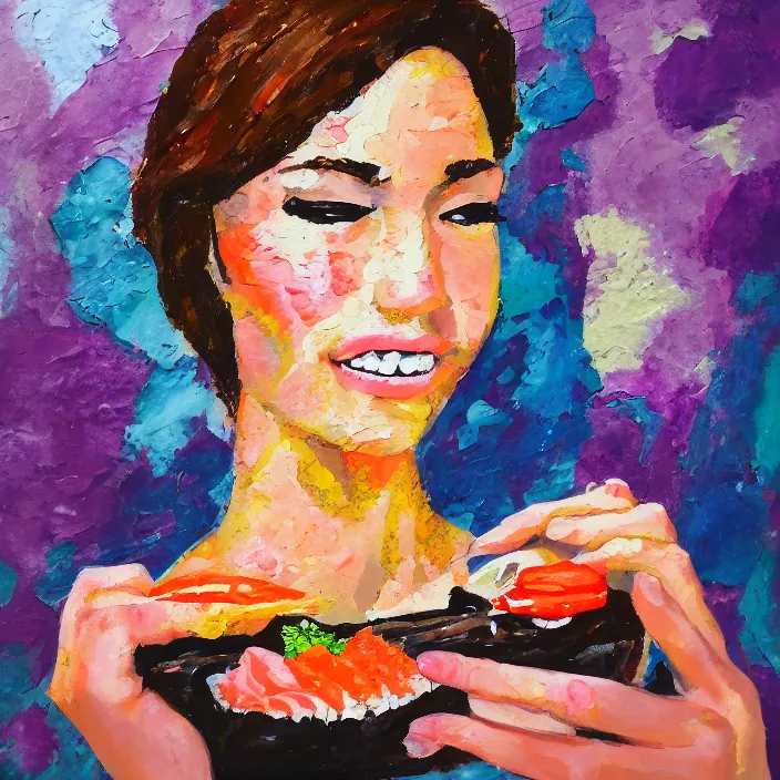 Image similar to portrait of beautiful woman eating sushi painted with colorful gouache impasto