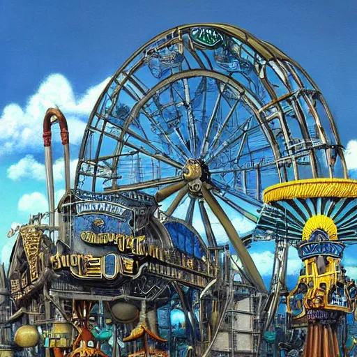 Prompt: a hyperrealistic painting of a steampunk amusement park, rollercoaster, towering ferris wheel, blue skies, fluffy clouds, by john kenn mortensen, highly detailed,