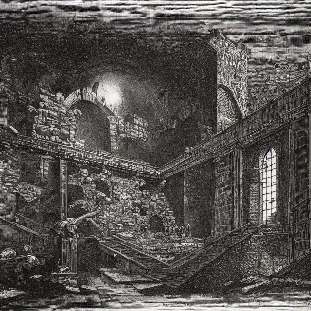 Image similar to an engraving of a medieval dungeon, carceri d'invenzione, by giovanni battista piranesi, gustave dore, volumetric lighting