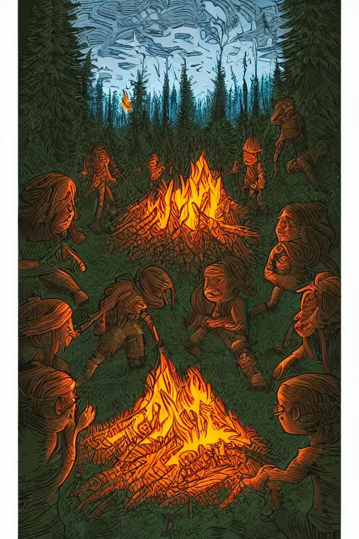 Prompt: A bonfire in the forest by Dan Mumford