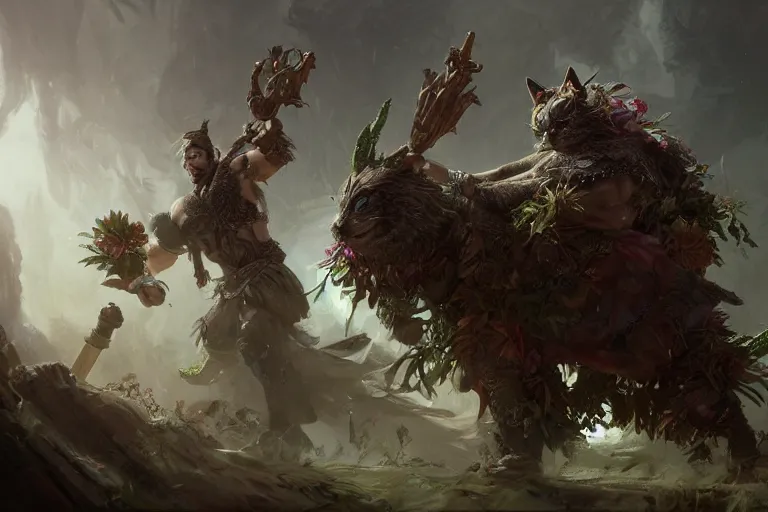 Image similar to a muscular tunesian man wearing plants as armor fighting a fluffy cat wearing a crown and cape wielding a scepter, fantasy, digital painting, volumetric light, intricate, sharp, focus, bloom, illustration, highly detailed, concept art, matte, ruan jia, randy vargas, greg rutkowski