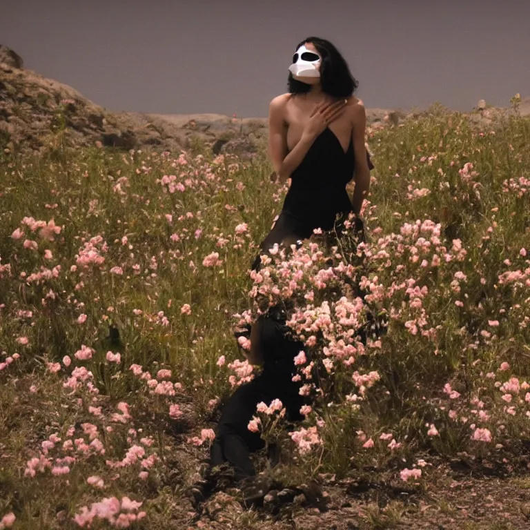 Prompt: The full body shot of beautiful pale woman with many flowers growing inside her and full-face black mask with glowing halo, a thick black smoke in rocky desert landscape, glowing eyes, falling star on the background, burning earth by Christopher Doyle, Gaspar Noe, Alejandro Jodorowsky, anamorphic lens, cinematic composition, award winning photo, 8k