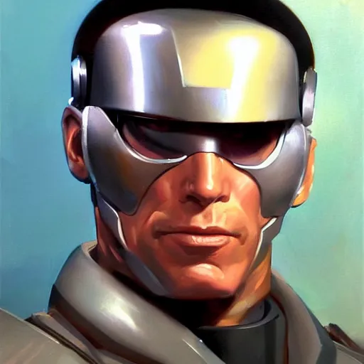 Image similar to greg manchess portrait painting of peter weller combined with the robocop as overwatch character, 8 0 ies aesthetic, medium shot, asymmetrical, profile picture, organic painting, sunny day, matte painting, bold shapes, hard edges, street art, trending on artstation, by huang guangjian and gil elvgren and sachin teng