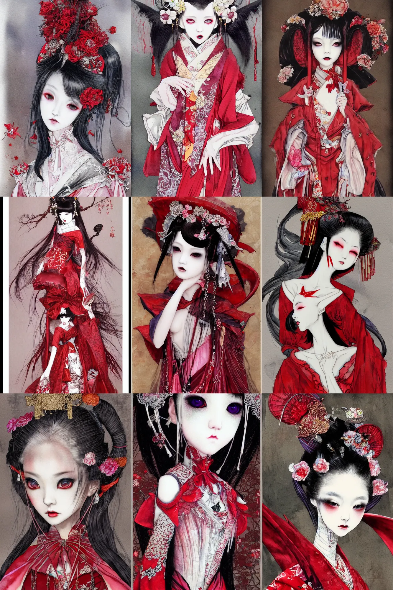 Prompt: watercolor painting of a japanese bjd geisha vampire queen with a long neck in a victorian lolita fashion red dress in the style of dark - fantasy painted by yoshitaka amano, christopher shy, ayami kojima, dmt art, symmetrical vogue face portrait, intricate detail, artstation, cgsociety, artgerm, rococo