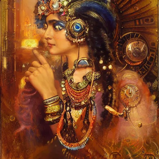 Image similar to detailed potrait of hindu traditional woman with high - tech steam punk clock in face, girl graceful,, painting by gaston bussiere, craig mullins, j. c. leyendecker, lights, art by ernst haeckel, john william godward, hammershøi,,