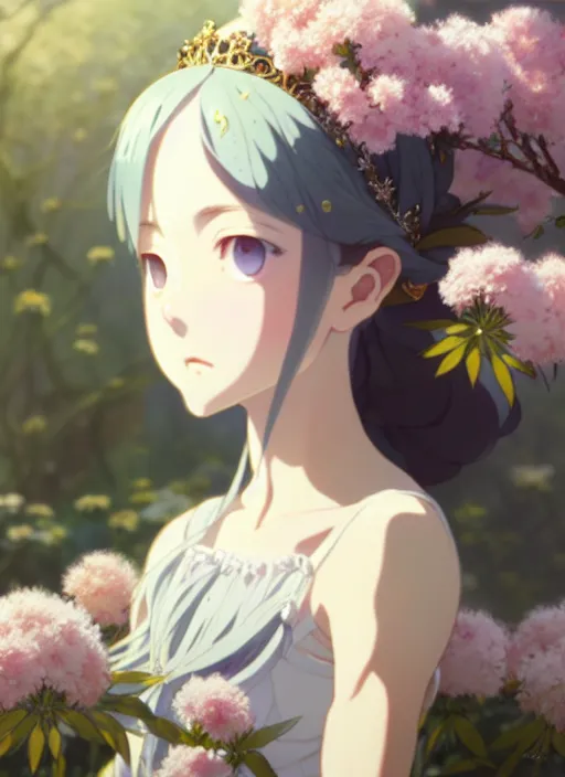 Image similar to a film still portrait of nymph girl with crown of flowers, finely detailed features, perfect art, trending on pixiv fanbox, painted by greg rutkowski makoto shinkai takashi takeuchi studio ghibli, akihiko yoshida,