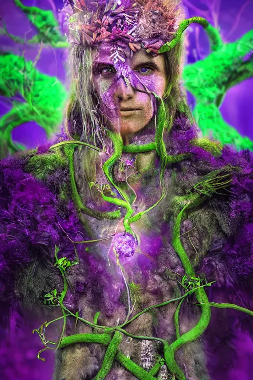 Image similar to Shaman of the purple forest, neon cloak, mycelium, fungi, vines, ultradetailed, volumetric lighting, 4k UHD, film poster.