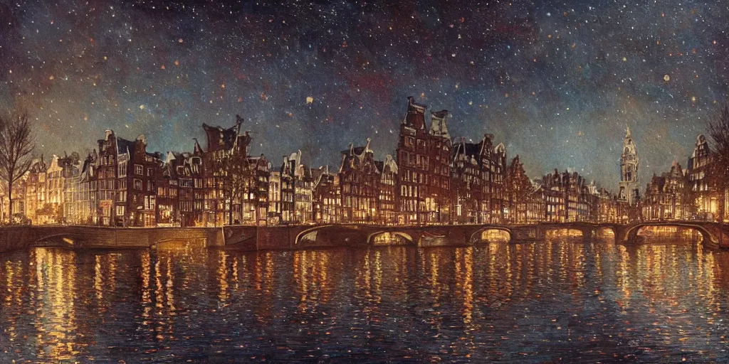 Image similar to a view from the amstel river in amsterdam at night with the sky full of stars, intricate, elegant, highly detailed, digital painting, artstation, concept art, smooth, sharp focus, colored illustration for tattoo, art by krenz cushart and artem demura and alphonse mucha