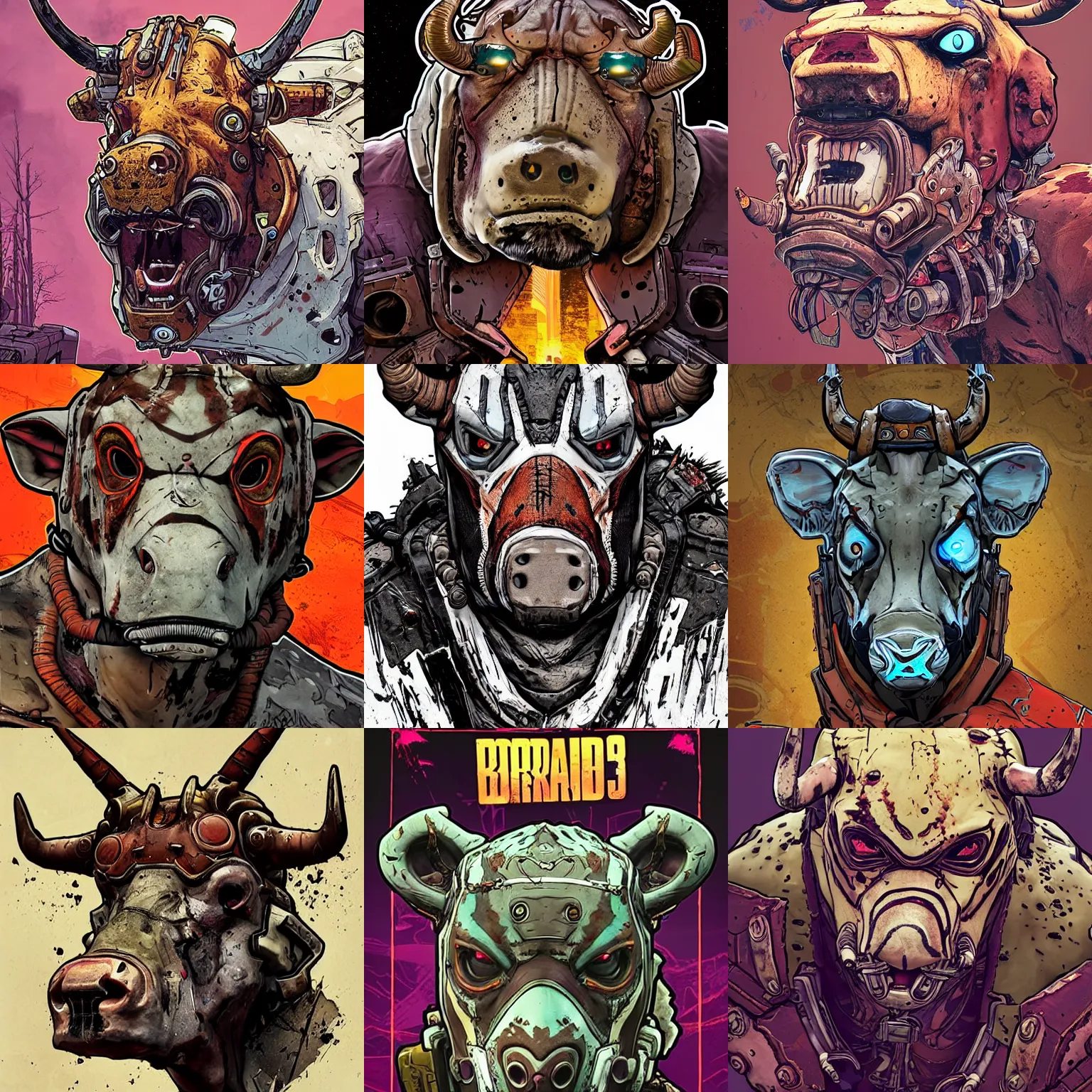 Prompt: borderlands 3 !!! animal bull!!! cell shaded! scary head portrait of bull!!! animal cyborg as Borderlands 3 concept art, llustration, postapocalyptic grunge, concept art by Laurie Greasley, highly detailed, sharp focus,alien, HQ, 4K ,art by Laurie Greasley