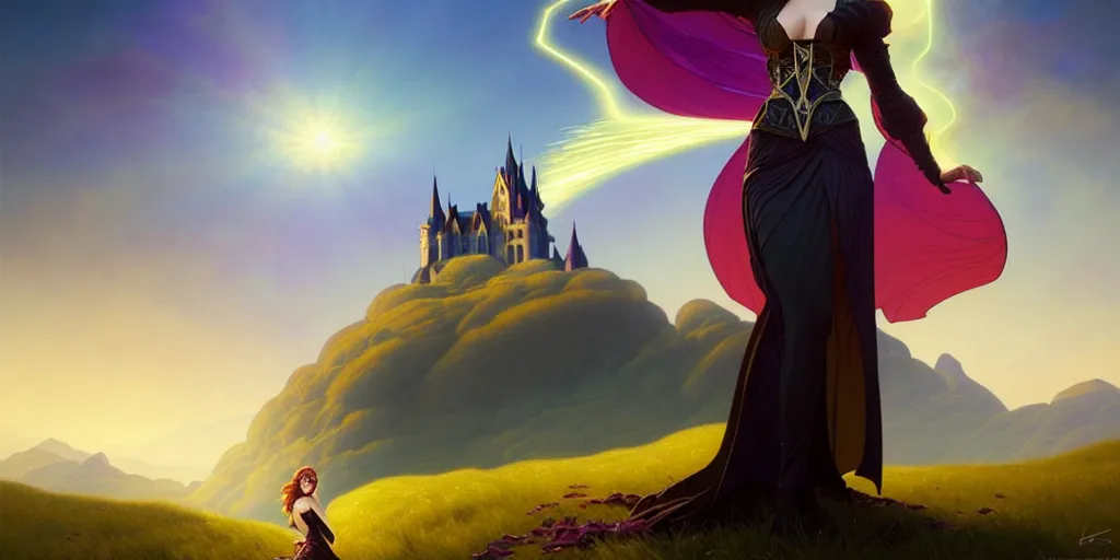 Image similar to a portrait of a fantasy female magician surrounded by magical particles stands on a hill. in the background on another hill stands a castle with mountains in the background, filled with magic, highly detailed, digital painting, artstation, smooth, sharp focus, illustration, art by artgerm and greg rutkowski and alphonse mucha