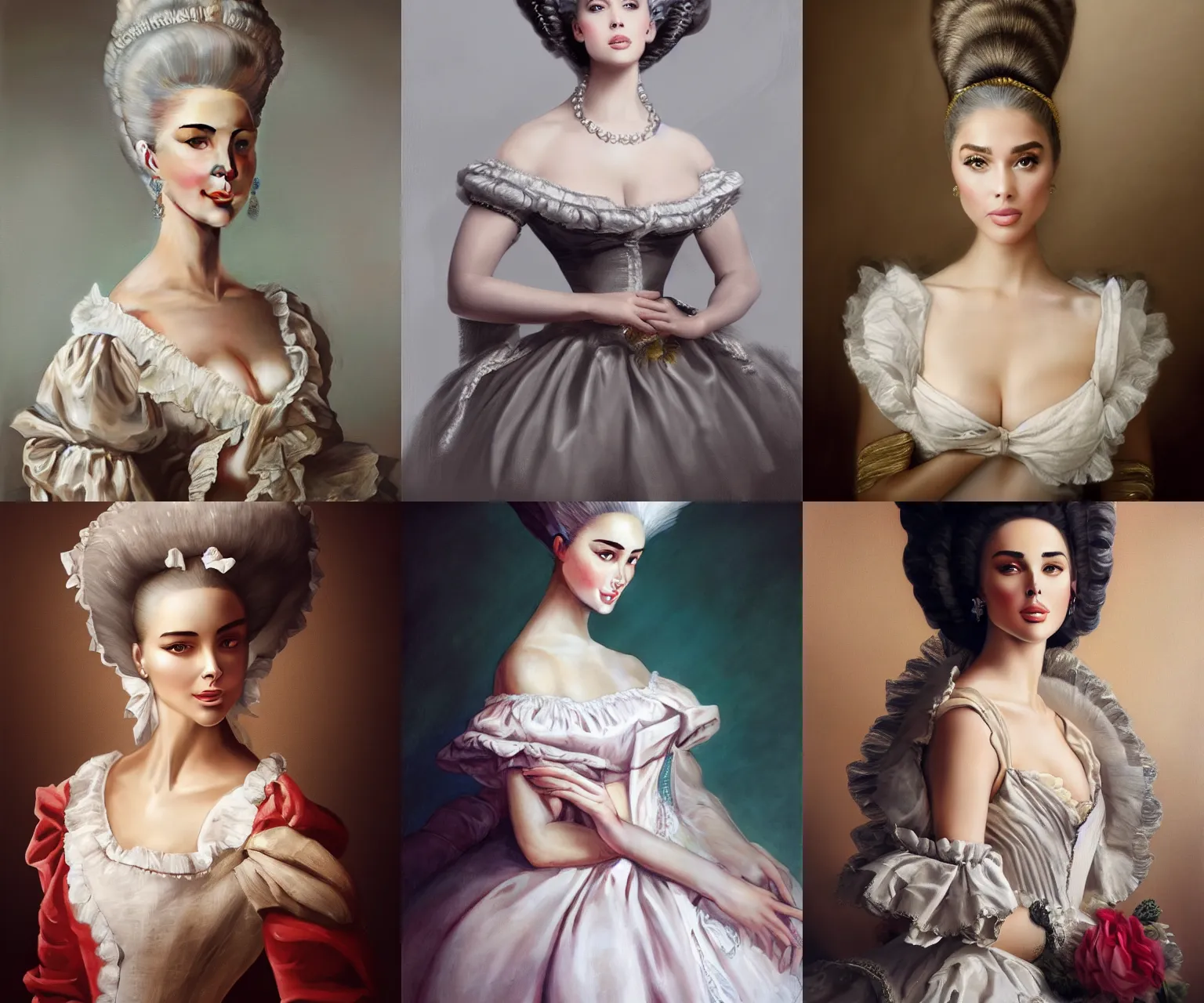 Prompt: Olivia Culpo as marie antoinette, hyperrealist digital painting by Mario Testino, Stanley Artgerm Lau, WLOP, Andrei Riabovitchev, masterpiece, trending on artstation, cgstudio