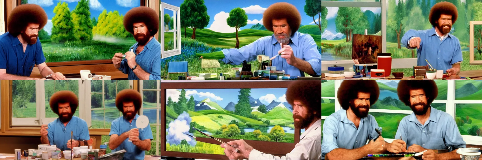 Prompt: a still of Bob Ross painting the windows xp wallpaper 70s tv show