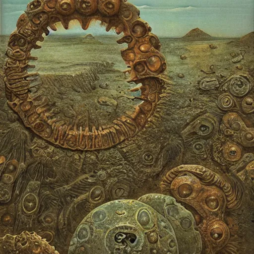 Prompt: paper collage of a fossils in a landscape, ornaments, beksinski