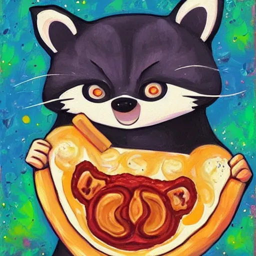 Image similar to a jeremiah ketner and studio ghibli acrylic impasto! painting! of a crying, sad and adorable and cute raccoon eating pizza