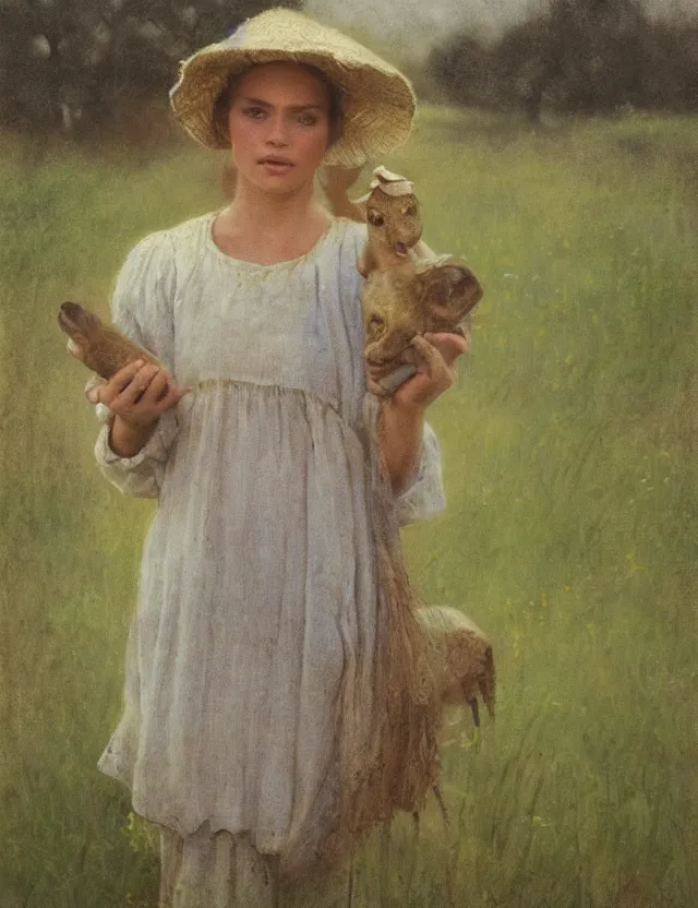 Prompt: peasant girl on a farm with cows, portrait, cottage core, cinematic focus, polaroid photo bleached vintage pastel colors high - key lighting, soft lights, foggy, by steve hanks, by lisa yuskavage, by serov valentin, by tarkovsky, 8 k render, detailed, oil on canvas