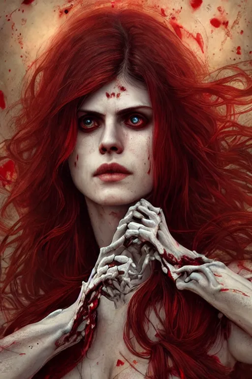 Image similar to woman skeleton covered with blood, alexandra daddario face, long red hair, ultra realistic, concept art, intricate details, highly detailed, photorealistic, octane render, 8 k, unreal engine. retro film still, heavy grain, 3 5 mm, art by artgerm and greg rutkowski and alphonse mucha