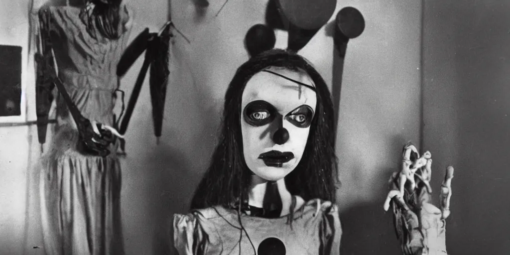 Image similar to 1 9 7 0 s female alive, eerie, creepy masked marionette puppet, unnerving, clockwork horror, mime women, pediophobia, lost photograph, dark, forgotten, final photo found before disaster, realistic, vintage noir, polaroid,