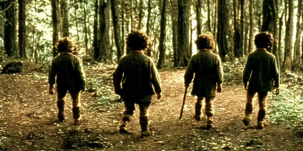 Prompt: A full color still from a Stanley Kubrick film featuring a side view of two hobbits wearing packs and walking down a path in a dark forest, 35mm, 1975