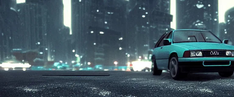 Prompt: Aqua Metallic Audi RS 2 Avant (1995), black car, a gritty neo-noir, dramatic lighting, cinematic, establishing shot, extremely high detail, photorealistic, cinematic lighting, artstation, by simon stalenhag, Max Payne (PC) (2001) winter new york