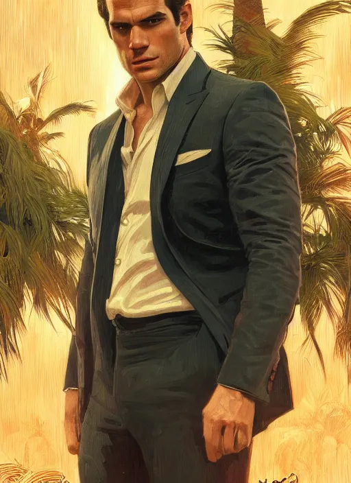 Image similar to portrait of henry cavill as james bond, casino, key art, sprinting, palm trees, highly detailed, digital painting, artstation, concept art, cinematic lighting, sharp focus, illustration, by gaston bussiere alphonse mucha