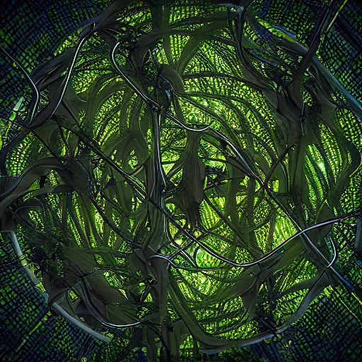 Prompt: “Organic modular synth made of jungle forest, 8k resolution, Unreal Engine 5, entangled, futuristic, hyperrealism”