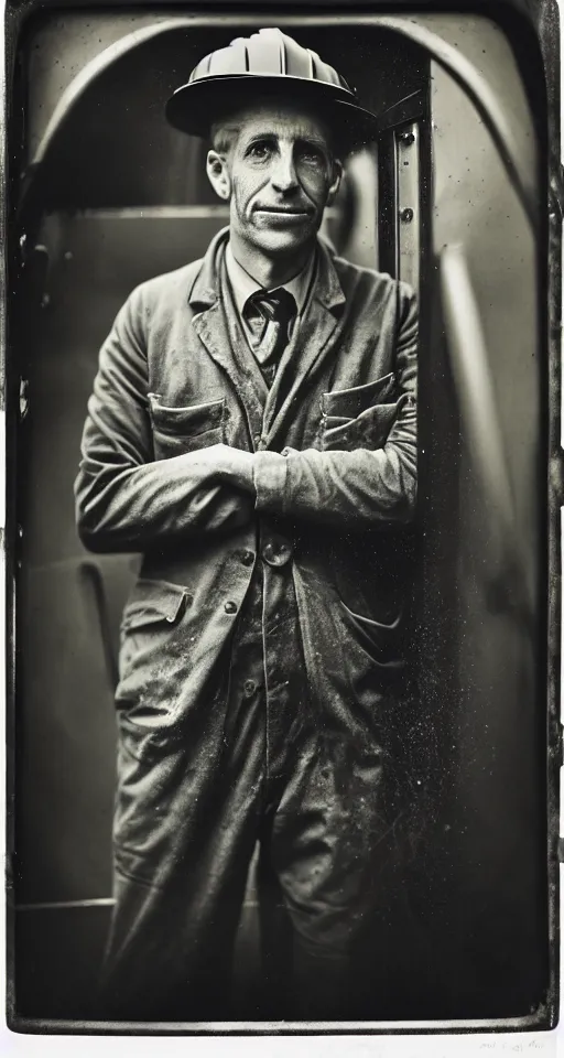 Image similar to a wet plate photograph, a portrait of a train engineer