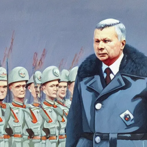 Image similar to a soviet dictator propaganda painting of jarosław kaczynski
