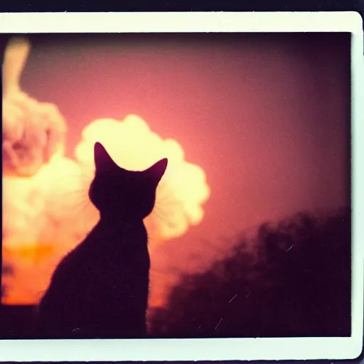 Image similar to A polaroid photo of a cat watching a mushroom cloud in the distance