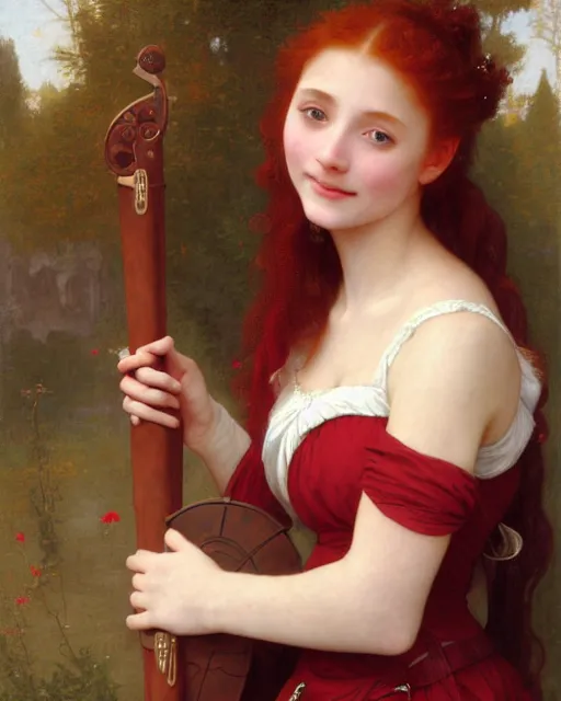 Prompt: fantasy portrait of a happy young women looking with red hair and freckles, slight smile, renaissance colorful dress, leather armor, music instrument in hand, backlit, digital painting by William-Adolphe Bouguereau, photoshop, trending on Artstation, sfw