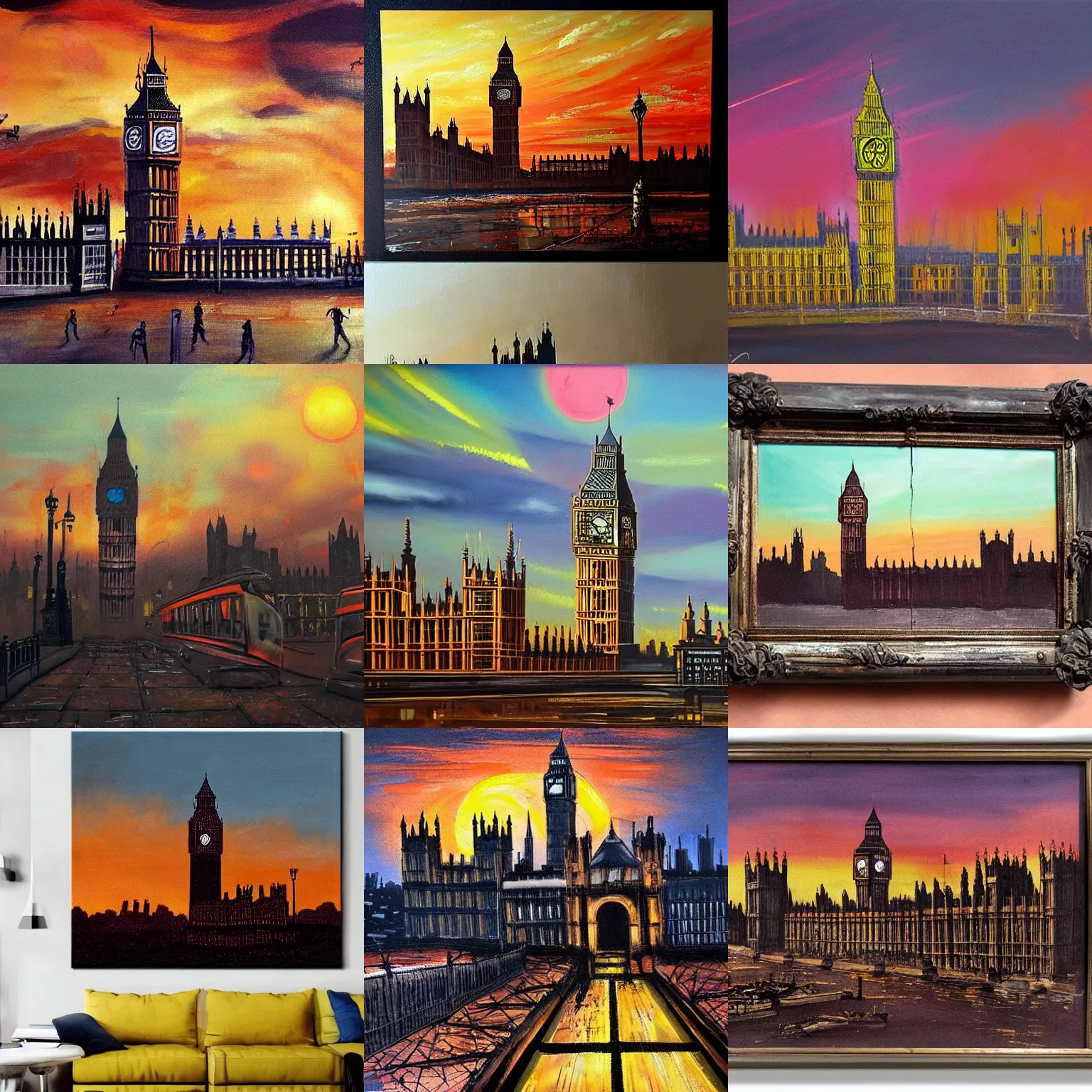 Prompt: decrepit big ben in the foreground, a post apocalyptic london cityscape after a nuclear war, beautiful radioactive sunset lighting, beautiful painting, fallout, paint