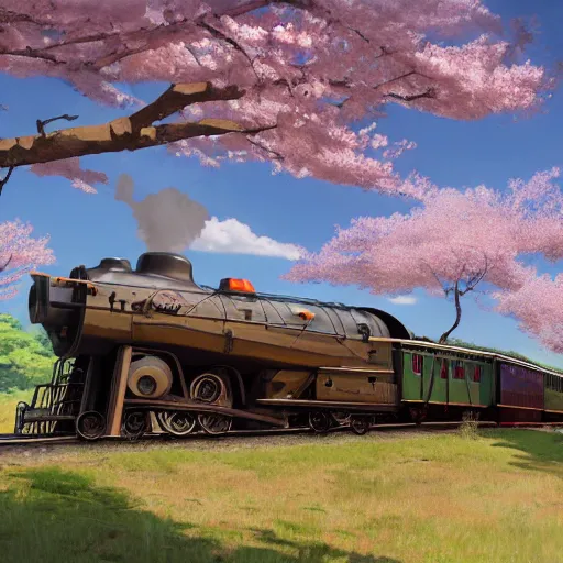 Image similar to concept art painting of a historic transverse view of a steam train, the train carries a cherry tree in flower, realistic, detailed, cel shaded, in the style of makoto shinkai and greg rutkowski and james gurney