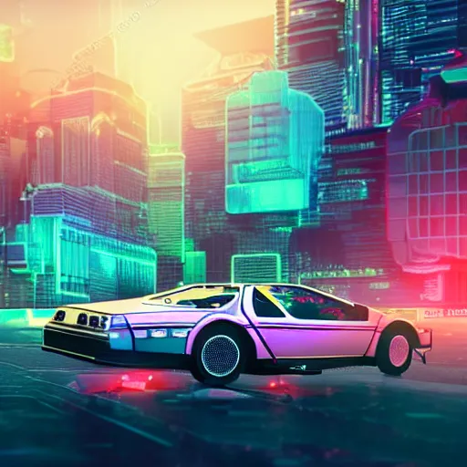 Image similar to digital art of a futuristic neon city sharp photorealistic octane render, bokeh in the background only, a in futuristic delorean hover in the foreground, deep perspective