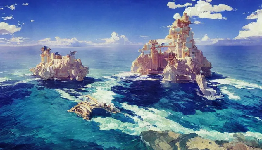 Image similar to BLUE Royal CRYSTAL castle built IN SEA, hyperdetailed, artstation, cgsociety,by studio ghibli painting,by Joaquin Sorolla rhads Leyendecker, by Ohara Koson and Thomas, 8k