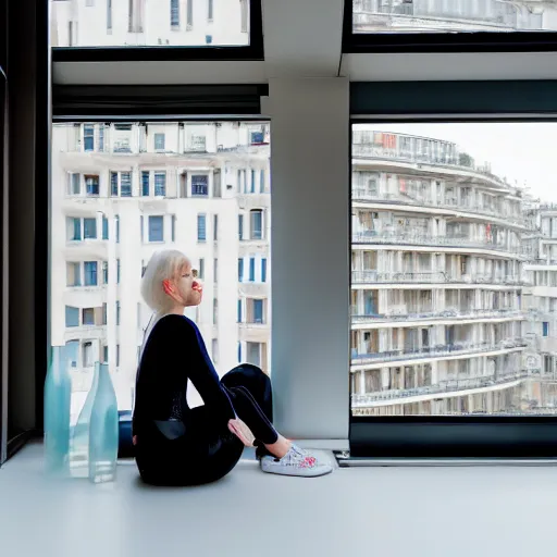 Image similar to 19-year-old Aristocratic platinum-blonde-haired hime-cut blue-eyed French empress wearing white leggings and black jacket, looking out open window, sitting in French apartment, communist city, futuristic city, cyberpunk city, HD photograph