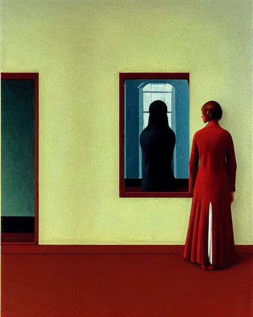 Image similar to twins, sisters, in the void, by the mirror, train station, woman poking tv in her head edward hopper and james gillard, zdislav beksinski, high detail alex colville, otto mueller, stephen conroy, sandro botticelli, andrew newell wyeth, daniel meidman jussi picho octane rendering